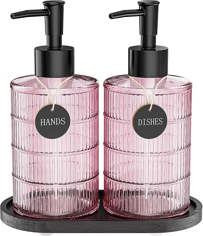 MASADI Soap Dispenser Set with Bamboo Tray, Dish and Hand Soap Lotion Dispenser Set with Wooden Pump for Kitchen and Bathroom Decor for Counter, Modern Vintage Liquid Soap Dispensers (Pink&Black) by masadi