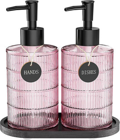 MASADI Soap Dispenser Set with Bamboo Tray, Dish and Hand Soap Lotion Dispenser Set with Wooden Pump for Kitchen and Bathroom Decor for Counter, Modern Vintage Liquid Soap Dispensers (Pink&Black) by masadi