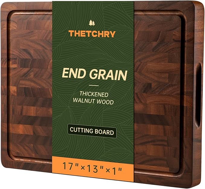 THETCHRY Walnut Cutting Boards for Kitchen, End Grain Wooden Cutting Board, Large Chopping Board Double Sided with Handle, Thick Butcher Block Charcuterie Meal Prep & Serving with Gift Box, 17"×13"×1" by Thetchry