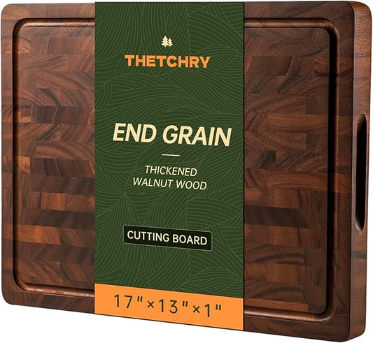 THETCHRY Walnut Cutting Boards for Kitchen, End Grain Wooden Cutting Board, Large Chopping Board Double Sided with Handle, Thick Butcher Block Charcuterie Meal Prep & Serving with Gift Box, 17"×13"×1" by Thetchry