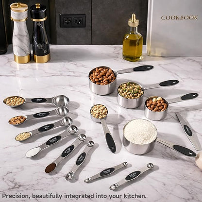 Magnetic Measuring Cups and Spoons Set, Strong N45 Magnets, 304 Stainless Steel, Double-Sided Measuring Spoons, 14-Piece Set with Leveler for Baking & Cooking - Image 4