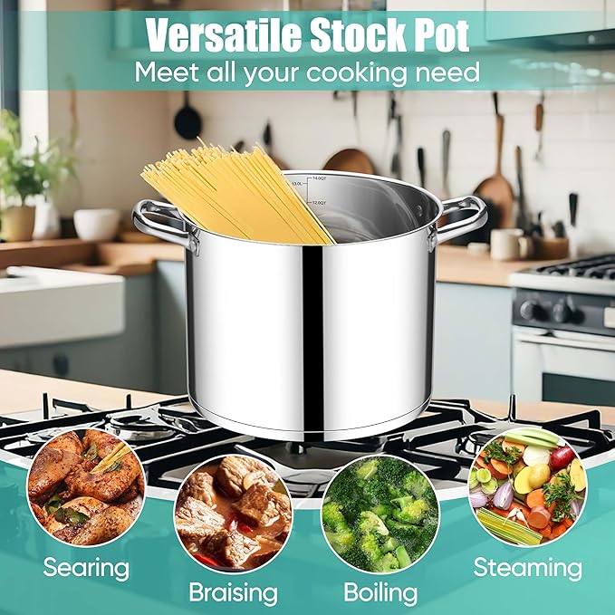 E-far 14 Quart Stainless Steel Stock Pot, Heavy Duty Induction Stockpot with Glass Lid for Cooking Soup Canning, Thick Tri-Ply Bottom & Riveted Handles, Compatible with All Stoves, Dishwasher Safe - Image 4