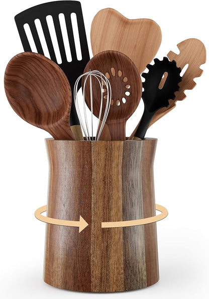Utensil Holder, Acacia Wood Utensil Holder for Kitchen Counter, 360° Rotating Cooking Utensil Crocks for Countertop, 7.2" Large Utensil Organizer for Spatula Storage by Segtenant