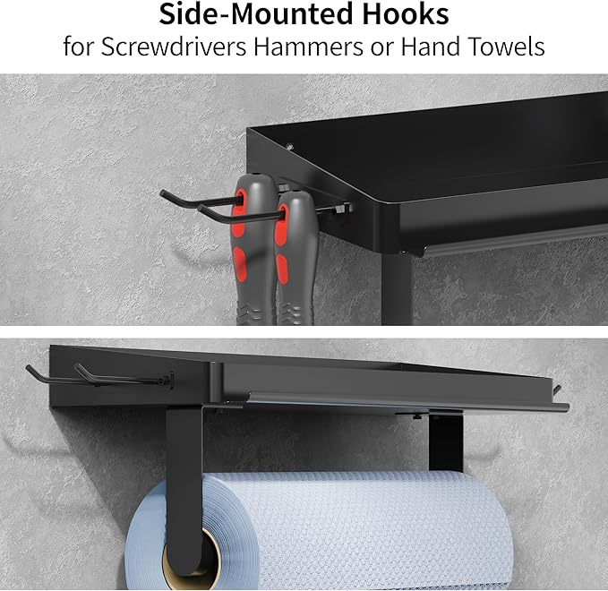 ZUNTO 3-in-1 Wall Mount Garage Paper Towel Holder with Shelf, Organize Shelf & Pen Holder(or Phone Storage) & Hanging Hooks - Heavy Duty Stainless Steel Organizer for Kitchen, Workshop, Laundry Room - Image 4