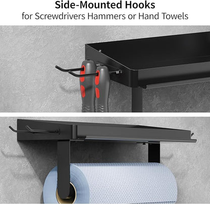 ZUNTO 3-in-1 Wall Mount Garage Paper Towel Holder with Shelf, Organize Shelf & Pen Holder(or Phone Storage) & Hanging Hooks - Heavy Duty Stainless Steel Organizer for Kitchen, Workshop, Laundry Room - Image 4