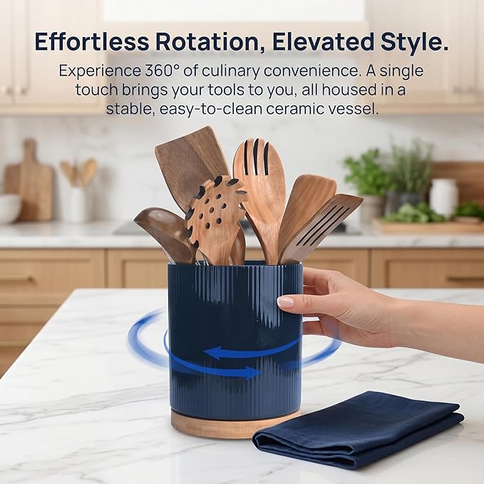 QUELIEN Utensil Holder, 360° Rotating Ceramic Kitchen Utensil Holder for Countertop, 7.7" Utensil Crock for Kitchen Counter with Rotatable Wooden Base,Ideal Housewarming Gift & Mothers Day Gift