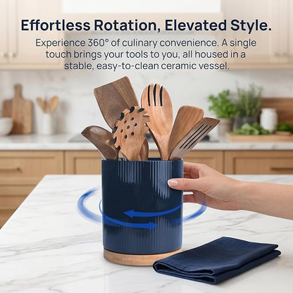 QUELIEN Utensil Holder, 360° Rotating Ceramic Kitchen Utensil Holder for Countertop, 7.7" Utensil Crock for Kitchen Counter with Rotatable Wooden Base,Ideal Housewarming Gift & Mothers Day Gift