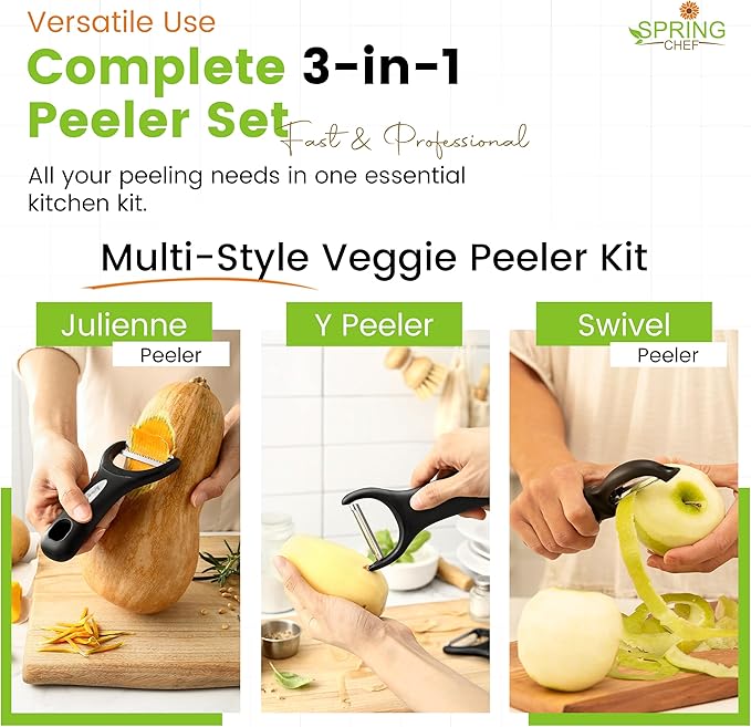 Spring Chef Vegetable Peelers for Kitchen - Stainless Steel Swivel, Y & Julienne Peelers, Potato Peelers with Soft Grip Handles, Kitchen Utensils Set of 3 for Fruits, Veggies, Apples, Carrots - Image 2