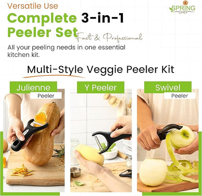 Spring Chef Vegetable Peelers for Kitchen - Stainless Steel Swivel, Y & Julienne Peelers, Potato Peelers with Soft Grip Handles, Kitchen Utensils Set of 3 for Fruits, Veggies, Apples, Carrots - Image 2