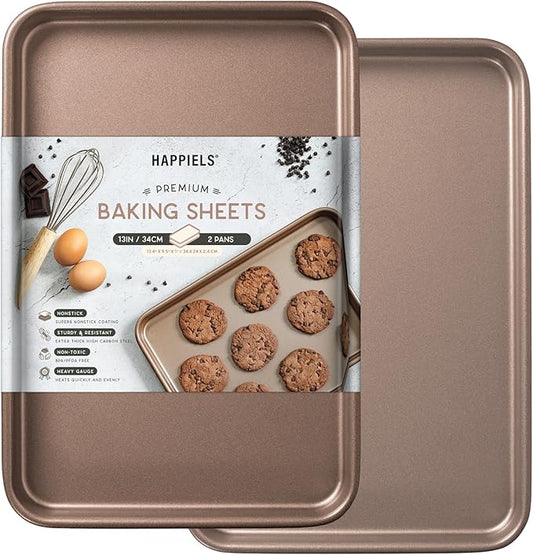 HAPPIELS 9 x 13-Inch Nonstick Quarter Sheet Pan Set of 2 | Non-Toxic, Rimmed Baking Sheet Set | Premium Quality Non-Stick Cookie Sheets for Baking | Small Sheet Pan Trays