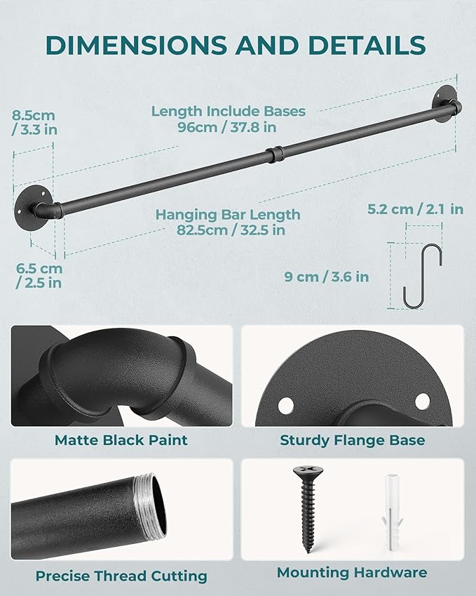 OROPY 38 inch Pot Bar Rack Wall Mounted Detachable Pans Hanging Rail Kitchen Lids Utensils Hanger with 14 S Hooks Black - Image 4