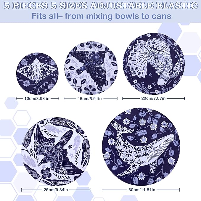 5-Size Reusable Beeswax Bowl Covers for Bread Proofing, Cotton Cloth Flexible Beeswax Wraps for Food Storage(Humpback Whale) - Image 2