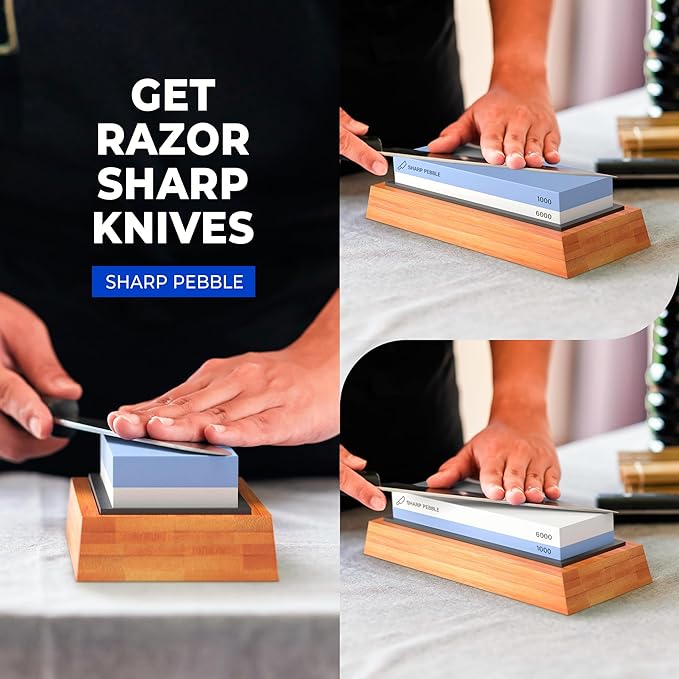 Sharp Pebble Premium Whetstone Knife Sharpening System – 1000/6000 Grit Whetstone Knife Sharpener & Honing Kit with Angle Guide & Non-Slip Bamboo Base – Guided Beginner Instructions - Image 6