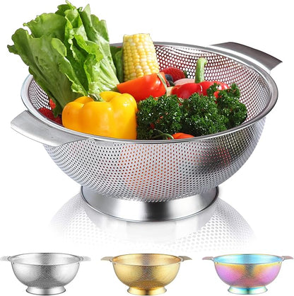 Kyraton Stainless Steel Colander 5 Quart, Professional Strainer with Heavy Duty Handles and Self Draining Solid Ring Base for Pasta, Spaghetti, Berry, Veggies, Fruits, Noodles, Salads Dishwasher Safe