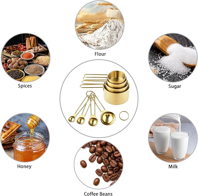 Measuring Cups and Spoons Set, Kaloo 8PCS Stainess Steel Metal Measuring Cups, Gold Finish, Ideal for Cooking and Baking - Image 4