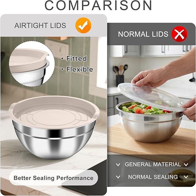 HaWare Mixing Bowls with Airtight Lids, 6-Piece Stainless Steel Salad Bowls, Strong Nesting Bowls for Cooking, Prepping, Baking, Serving & Food Storage, Stackable Design, Size 4.6, 3, 1.5QT, Khaki - Image 5