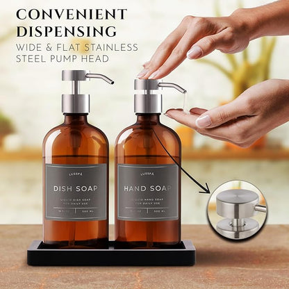 Glass Soap Dispenser Set of 2 (Amber) with Silicone Tray | Hand and Dish Soap Dispenser for Kitchen and Bathroom | 16.8 Oz Glass Bottles with Stainless Steel Pump & 15 Waterproof Labels (Amber/Silver)