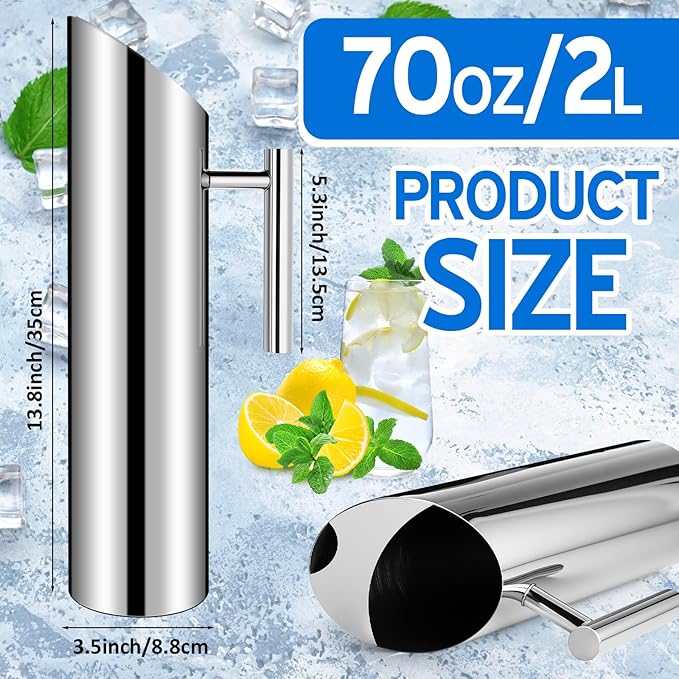 Funnymoom 6 Pack 70oz/2l Stainless Steel Water Pitcher Modern Metal Pitcher with Ice Guard Silver Carafe Drink with Handle or Iced Hot Drink Tea Juice Coffee Beer - Image 2
