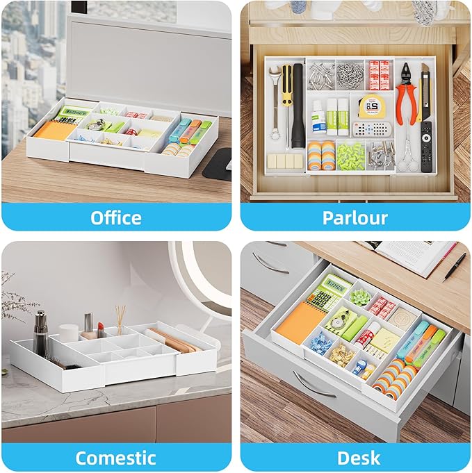 Marbrasse Expandable Desk Drawer Organizer, Clear Plastic Drawer Organizer Tray with 10 Adjustable Compartments, Desk Organizers and Accessories, 5 Drawer Dividers for Office Supplies, Makeup(White) - Image 5