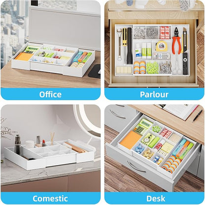 Marbrasse Expandable Desk Drawer Organizer, Clear Plastic Drawer Organizer Tray with 10 Adjustable Compartments, Desk Organizers and Accessories, 5 Drawer Dividers for Office Supplies, Makeup(White) - Image 5