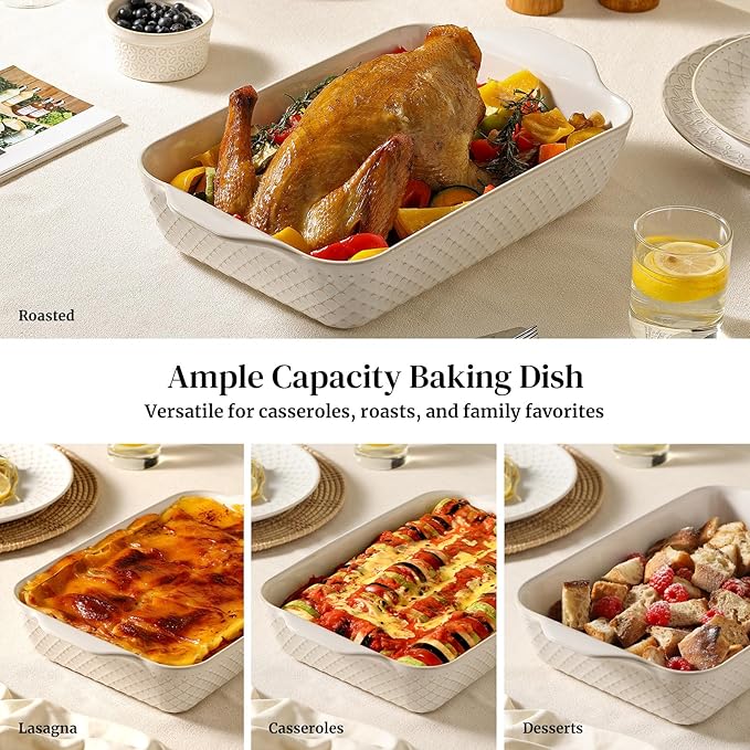 DOWAN 9x13 Deep Lasagna Baking Dish, Ceramic Casserole Dish for Oven, 4 Quarts Embossed Baking Pan with Handles, Oven Safe Bakeware for Roasting, Desserts, Durable & Giftable, Arctic White - Image 5
