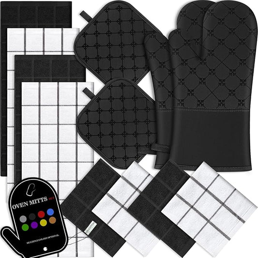 Oven Mitts Kitchen Towels Dishcloths with Pot Holders Sets 12PCS, Dish Towels Sets, Oven Gloves Pot Pads Heat Resistant 500 Degrees with Non-Slip Silicone Surface for Cooking Baking Grilling Black by BSKSSK