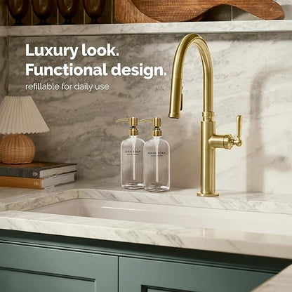 Vine Creations Clear Glass Soap Dispenser Set, Dish Soap and Hand Soap Dispenser Set with Stainless Steel Pump, 16 oz Glass Dispensers for Kitchen Bathroom Decor (Clear Bottle/Brushed Brass Pump) - Image 4