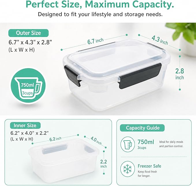YORY 3 cup Plastic Food Storage Containers with Lids Nestable Freezer Dishwasher Safe Rectangle Container Set,5-Pack - Image 2