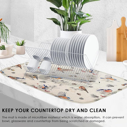 Sanwarm Absorbent Dish Drying Mat, Vintage Birds Watercolor Cute Floral Microfiber Pad for Kitchen Counter, Coffee Bar Decor, Heat Resistant and Reversible, 18" x 24"