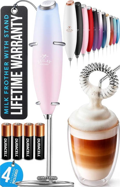 Zulay Kitchen Powerful Milk Frother Wand With 4 AA Duracell Batteries - Ultra Fast Handheld Drink Mixer - Electric Whisk Foam Maker for Coffee, Lattes, Cappuccino, Matcha & Creamer - Lavender Blush by ZulayKitchen