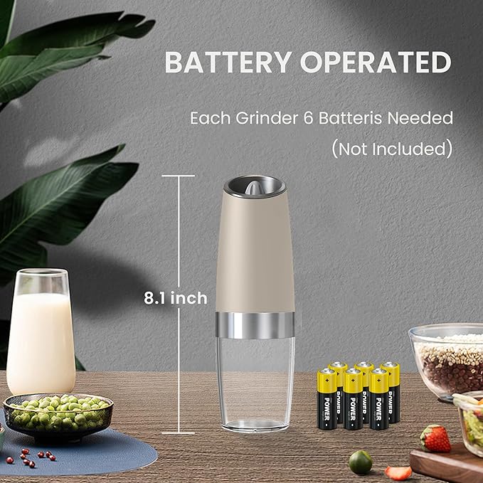 Battery Operated Salt And Pepper Grinder Set with LED Light, Automatic Electric Gravity Salt And Pepper Shakers Set, Each 6 AAA Batteries Needed, Adjustable Roughness, 2 Pack (Khaki) - Image 4