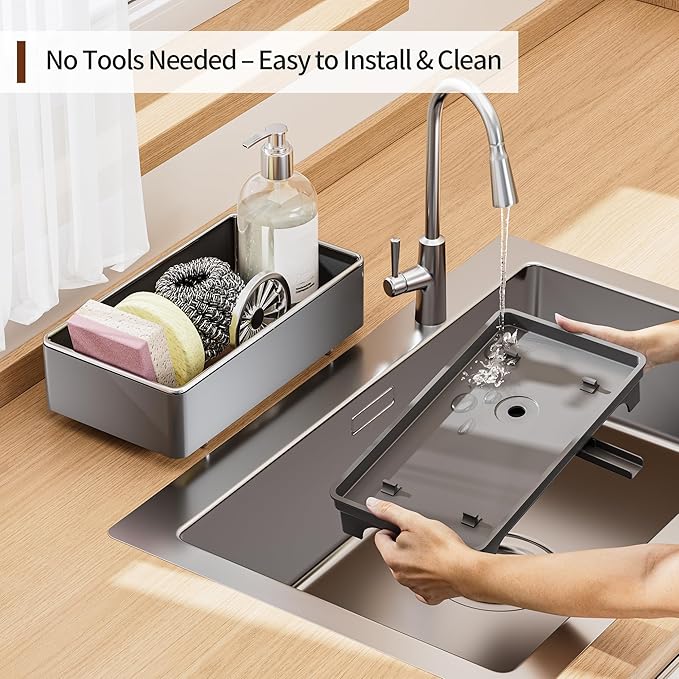 MOUKABAL Sponge Holder for Kitchen Sink – Rustproof Stainless Steel, 360° Rotating Drain Pipe, Large Counter Organizer with Drip Tray for Sponges, Brushes & Dish Cloths Grey - Image 5