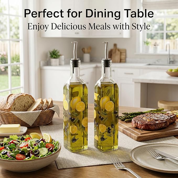Topadorn 17 oz Olive Oil Dispenser Bottle Set for Kitchen, 2 Pcs Glass Oil Dispenser Bottle with Stainless Steel Pourers, 2 Packs of Napkins, Lemon