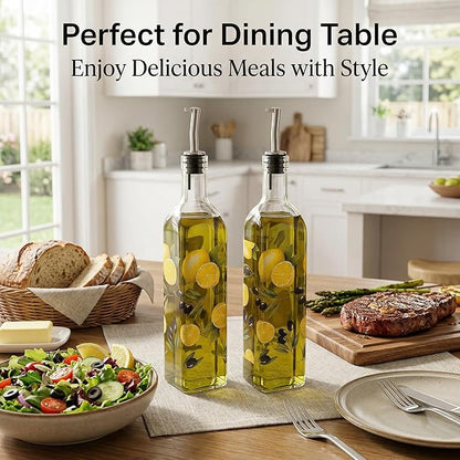 Topadorn 17 oz Olive Oil Dispenser Bottle Set for Kitchen, 2 Pcs Glass Oil Dispenser Bottle with Stainless Steel Pourers, 2 Packs of Napkins, Lemon