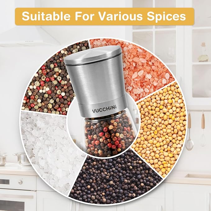 VUCCHINI Salt and Pepper Grinder Set - Adjustable Stainless Steel Spice Ceramic Grinders Mill Shaker for Kitchen Table - Stainless Steel color - Image 3