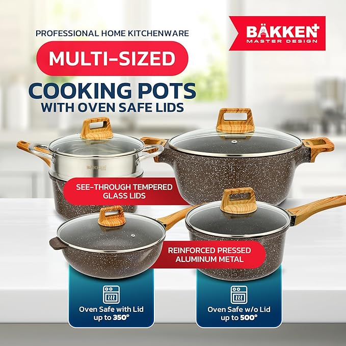 Bakken Master 20 Piece Cookware Set - Pots and Pans with Handle Grips and Tempered Glass Lids, With 6-piece Bakeware Set, Nonstick Granite Coating, Ceramic Max Temperature (Up To 500°F), Brown Marble - Image 3