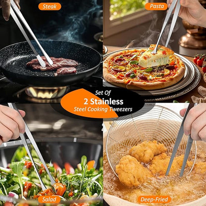 12-Inch Stainless Steel Kitchen Tongs Set, Straight & Round Edge Cooking Tweezers with Non-Slip Grip for BBQ, Grilling and Precision Cooking