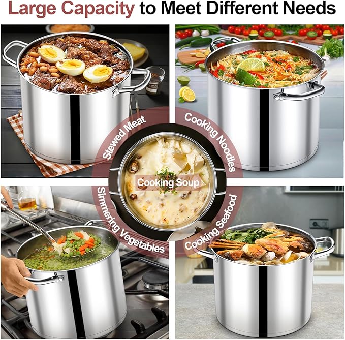 P&P CHEF 14 QT Stock Pot with Lid, Stainless Steel Large Cooking Pot, Soup Canning Stockpot for Stewing Simmering, Tri-ply Bottom for All Stoves, Heavy-Duty &Dishwasher Safe & Food-Grade - Image 4