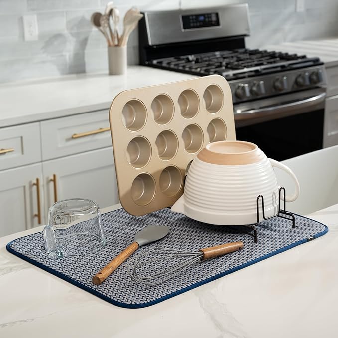 S&T INC. Dish Drying Mat XL, 18” x 24”, Absorbent Microfiber Kitchen Counter Mat, Dish Drying Pad for Dishes, Utensils, Pots and Pans, Extra Large, Blue Stockinette - Image 2