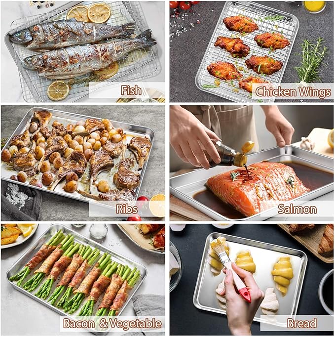 P&P CHEF 16 + 12.5 + 10.4 + 9 Inch Baking Sheet and Rack Set, 8Pcs Stainless Steel Cookie Sheets Oven Baking Pans Trays with Cooling Racks for Cooking, Oven & Dishwasher Safe, Pans with Grid Racks - Image 4