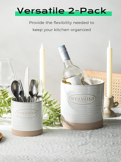 YHOSSEUN Utensil Holder Set of 2, Ceramic Utensil Holder for Kitchen Counter, 6.7"+5.1" Kitchen Utensil Crocks Spatula Holder for Countertop, Two-tone Finish Oval Opening - Image 5