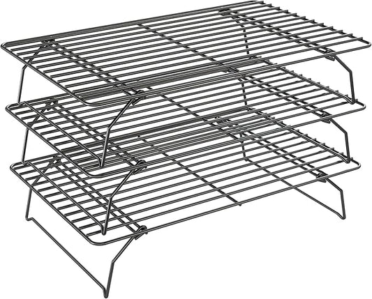 3 Tier Stackable Cooling Rack for Batch Cooling Cookie, Pizza, Cake-15.8”x 10”- Heavy Duty Cooling Racks for Cooking and Baking, Oven and Dishwasher Safe Baking Supplies-Black by QukakaHomeCare
