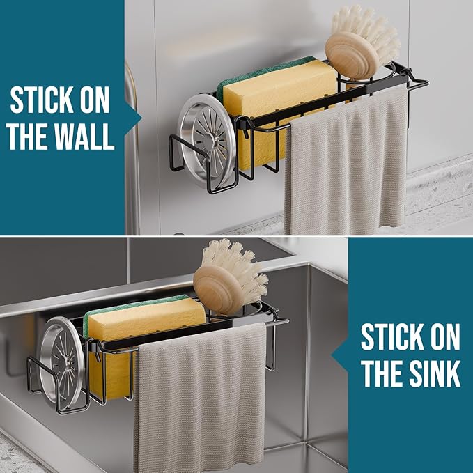 TAILI Sponge Holder with Strong Suction Cup, 4-in-1 Rustproof Sink Organizer - Sink Caddy Holds Sponges, Brushes, Stoppers & Scrapers -Black - Image 6