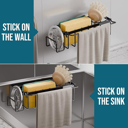 TAILI Sponge Holder with Strong Suction Cup, 4-in-1 Rustproof Sink Organizer - Sink Caddy Holds Sponges, Brushes, Stoppers & Scrapers -Black - Image 6
