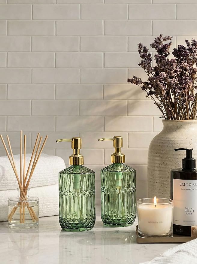 JASAI 2Pack 18Oz Green Glass Soap Dispenser with Gold Rust Proof Pump, Refillable Dish Soap Dispenser for Kitchen, Bathroom Soap Dispenser for Hand soap, Lotion, Body Wash, Dish Soap. - Image 6
