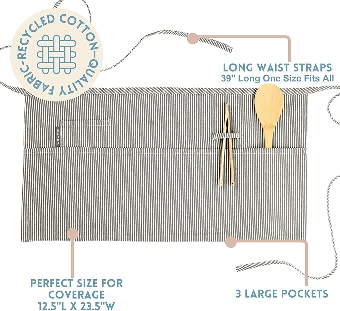MEEMA Chef Waist Apron Cotton Fabric |Washable & Breathable Waitress & Server Half Aprons for Women with Pockets & Long Waist Straps | Cooking, Baking, Grilling & Crafting