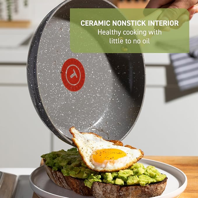 T-fal Revive Ceramic Nonstick Frying Pan with Lid, 6 Qt, Oven Safe to 350°F Cookware, Skillet Pots and Pans, Grey Granite - Image 3