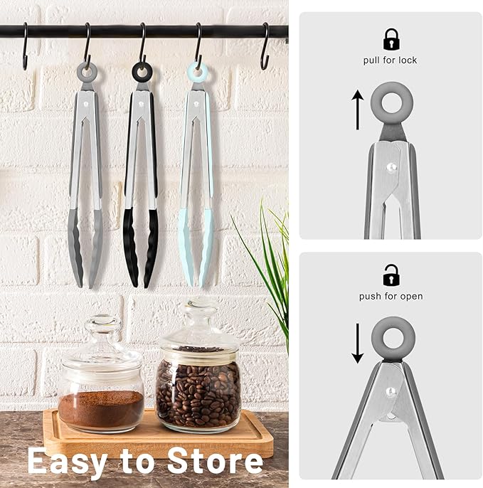 Hotec Mini Silicone Kitchen Tongs for Cooking - 7-Inch Small Serving Tongs with Silicone Tips, Set of 3 (Black,Grey,Light Blue) - Image 5