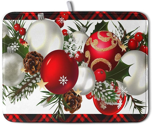 Red Buffalo Plaid Christmas Kitchen Drying Mats for Dishes Xmas Ball Snowflake Pine Cones Dish Drainer Rack Mat Winter Microfibe Absorbent Dish Drying Pad for Home Kitchen Counter Decor 18x24in by Kwlegh