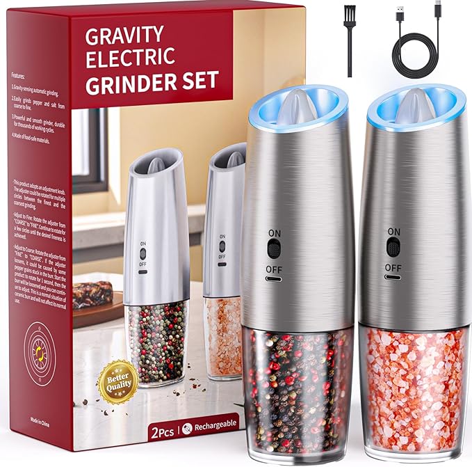 MealHelper Rechargeable Gravity Electric Salt and Pepper Grinder Set with LED Light, Type-C Fast Charging, Adjustable Coarseness, Large Capacity Grinder for Kitchen & Outdoor, (2 Pack-Stainless Steel)